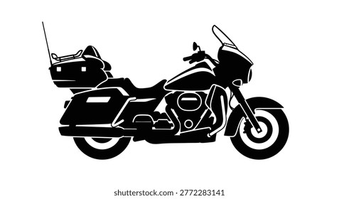 A detailed side profile vector silhouette of a classic touring motorcycle featuring a windshield and saddlebags.