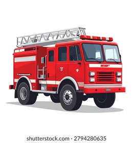 A detailed side view illustration of a bright red emergency fire truck featuring a mounted ladder on top isolated on a white background