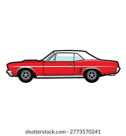 A detailed side view illustration of a classic red American muscle car isolated on a white background.