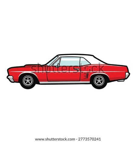 A detailed side view illustration of a classic red American muscle car isolated on a white background.