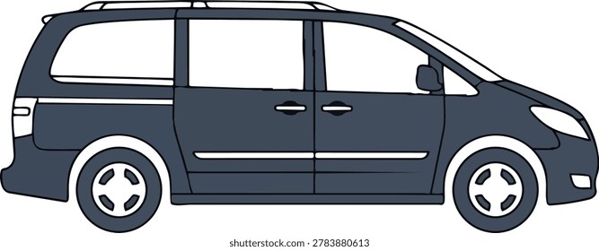 Detailed side view illustration of a dark minivan, showcasing its design and features.