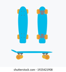 A detailed side view of tiny blue penny board showcasing all components, including the front deck, underside, and rolling sides with vibrant orange wheels, highlighting its compact design, materials.