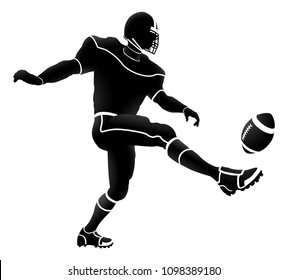 Detailed silhouette American Football player kicking the ball