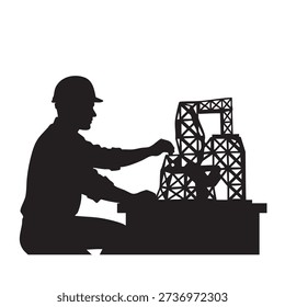 Detailed silhouette of an architect or engineer at work, constructing a structural model. Image highlights precision and focus involved in design and planning. Professional is seen meticulously assembling intricate framework, illustrating the creative and technical aspects of architectural or engineering development