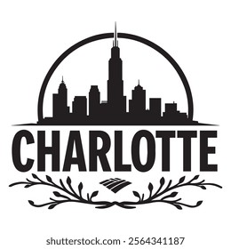 Detailed silhouette of the Bank of America Tower complemented by the Charlotte skyline, ideal for urban artwork, city branding, and North Carolina landmarks with a modern architectural touch.