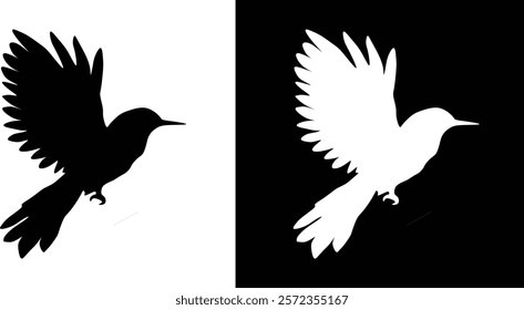 A detailed silhouette of a bird in flight, shown against complementary black and white contrasting backgrounds.