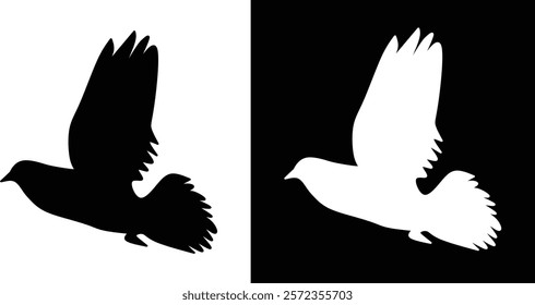 A detailed silhouette of a bird in flight, shown against complementary black and white contrasting backgrounds.