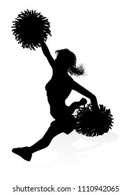 Detailed silhouette cheerleader with waving pompoms graphic