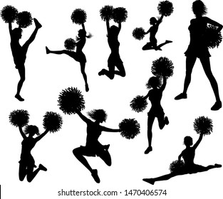 Detailed silhouette cheerleaders holding pompoms