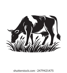 Detailed Silhouette of a Cow Grazing on Grass