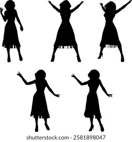 Detailed silhouette of a dancing woman exuding grace and joy through her elegant movements. Ideal for artistic and dance-themed designs, the dynamic posture conveys energy, passion, and fluidity.