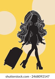 Detailed silhouette of a girl walking with travel suitcase, vector art, full body, thick white outlines, long hair. Traveling woman silhouette vector illustration.

