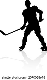 A detailed silhouette ice hockey player sports illustration