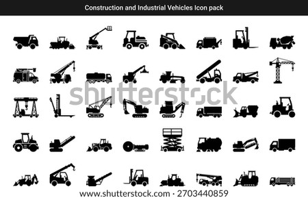 A detailed silhouette icon pack featuring industrial and construction vehicles, heavy machinery, transport equipment, and worksite tools. Ideal for UI, infographics, signage, and engineering design.