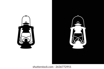 Detailed silhouette illustration of a vintage lantern. Isolated design element split on contrasting black and white backgrounds. Ideal for vintage themed projects.