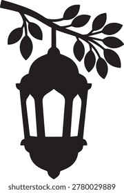 Detailed silhouette of Islamic Ramadan lantern suspended from a tree branch with leaves, showcasing cultural and religious significance.