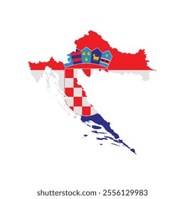 A detailed silhouette of Croatia’s map filled with the Croatian national flag, including the distinctive checkered pattern and the coat of arms, symbolizing heritage and national pride.