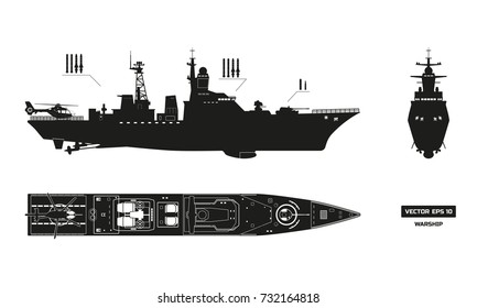 Detailed Silhouette Of Military Ship. Top, Front And Side View. Battleship Model. Industrial Drawing. Warship In Flat Style. Vector Illustration