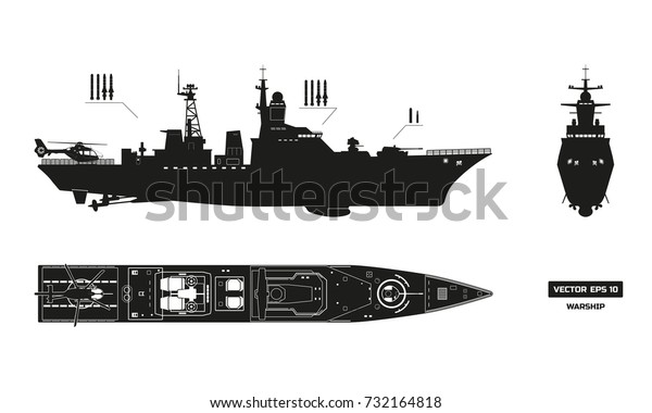 軍艦の細かいシルエット 上面 正面 側面図 戦闘艦モデル 工業図面 平型艦 ベクターイラスト のベクター画像素材 ロイヤリティフリー