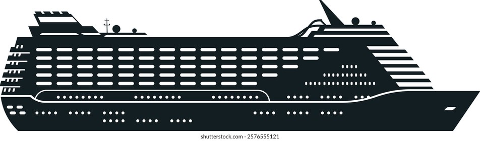 Detailed silhouette of a modern cruise ship showcasing its sleek design and multiple decks. Ideal for travel, tourism, and maritime themes, emphasizing luxury and adventure