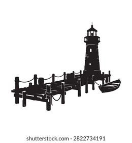 Detailed silhouette of old stone lighthouse standing next to rustic wooden dock with small rowing boat moored alongside tranquil harbor setting marine navigation equipment symbol perfect for sailing branding ocean themed art work coastal decor illustrations water travel concept.