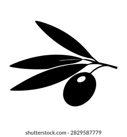 Detailed silhouette of an olive branch featuring leaves and a single olive fruit, emphasizing natural botanical elements.
