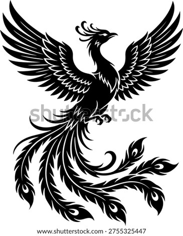 Detailed silhouette of a phoenix with flowing tail feathers, symbolizing rebirth, immortality, and grace. Great for logo and decorative art.