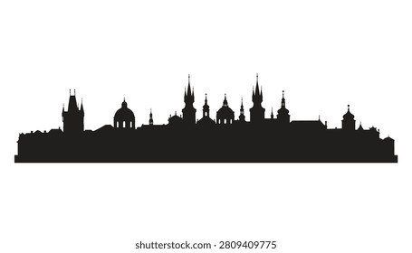 Detailed silhouette of the prague skyline with gothic towers and historic architecture on a white background.