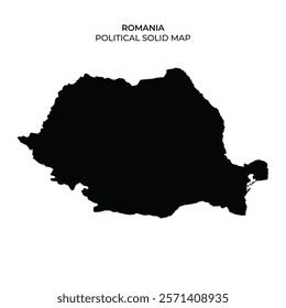 A detailed silhouette of Romania highlights its political boundaries, showcasing the countrys unique shape and geographical layout without any labels or additional features.