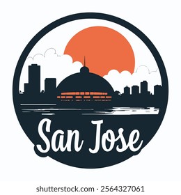 Detailed silhouette of the Tech Interactive Dome with the San Jose skyline, ideal for tech-inspired projects, urban illustrations, and architectural designs