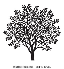 Detailed silhouette of a tree covered in small leaves. Intricate branching pattern. Suggests flowering or fruiting trees. Beautiful nature graphic for designs about growth and abundance.