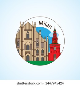 Detailed silhouette. Trendy vector illustration, flat style. Round colorful landmarks. The concept for a web banner. Milan Cathedral and La Scala - The symbol of Milan, Italy