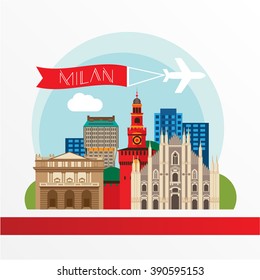 Detailed silhouette. Trendy vector illustration, flat style. Stylish colorful  landmarks. The concept for a web banner. Milan Cathedral and La Scala - The symbol of Milan, Italy