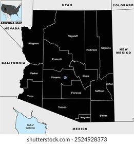 Detailed Silhouette vector Illustration of Arizona Map State and District map with neighbour geographical map of Arizona