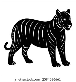 A detailed silhouette vector illustration of the extinct Javan tiger, perfect for wildlife, conservation, and historical themes. This high-quality design is ideal for logos, posters, and educational 