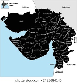 Detailed Silhouette vector Illustration of Gujarat map State and District map with neighbour geographical map of Gujarat State.