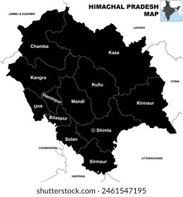 Detailed Silhouette vector Illustration of Himachal Pradesh District map with neighbour state and country.