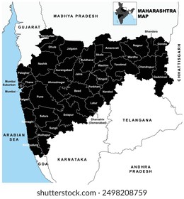 Detailed Silhouette vector Illustration of Maharashtra map State and District map with neighbour geographical map of Maharashtra map