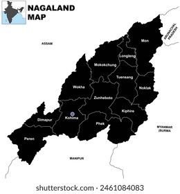 Detailed Silhouette vector Illustration of Nagaland District map with neighbour state and country