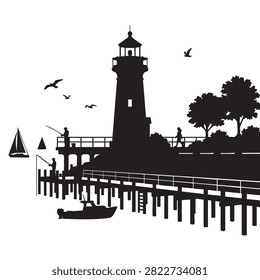 Detailed silhouette vector illustration showcasing lighthouse pier with people fishing sailboat on water and trees in background flying birds complete this serene seaside scene perfect for travel posters outdoor recreation themes branding marine industry projects or artistic compositions isolated graphic.