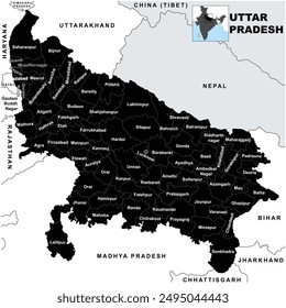 Detailed Silhouette vector Illustration of Uttar Pradesh map State and District map with neighbour geographical map of Uttar Pradesh