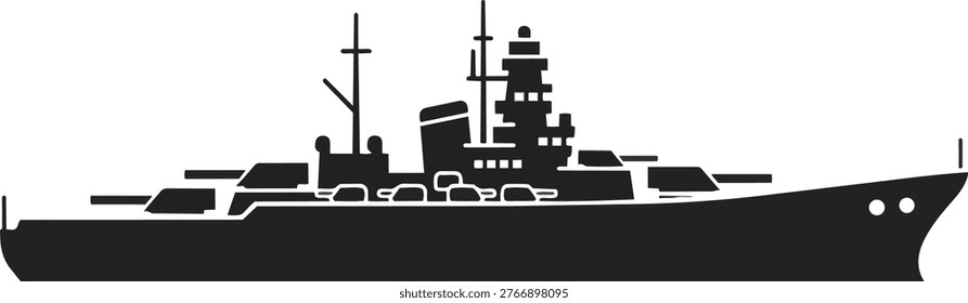 Detailed silhouette of a warship, showcasing its formidable structure and naval prowess. A symbol of maritime power and military strength.