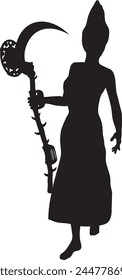 Detailed silhouette of the witch with scythe illustration.