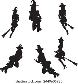 Detailed silhouette of with woman flying on broom illustration.