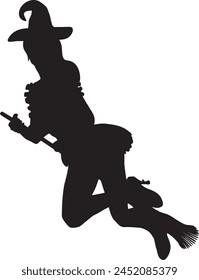 Detailed silhouette of with woman flying on broom illustration.