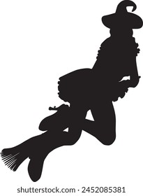 Detailed silhouette of with woman flying on broom illustration.