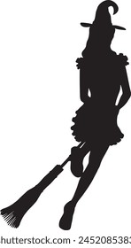 Detailed silhouette of with woman flying on broom illustration.