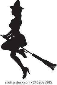 Detailed silhouette of with woman flying on broom illustration.