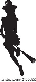 Detailed silhouette of with woman flying on broom illustration.