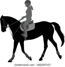 detailed silhouette of young female riding elegant horse - vector